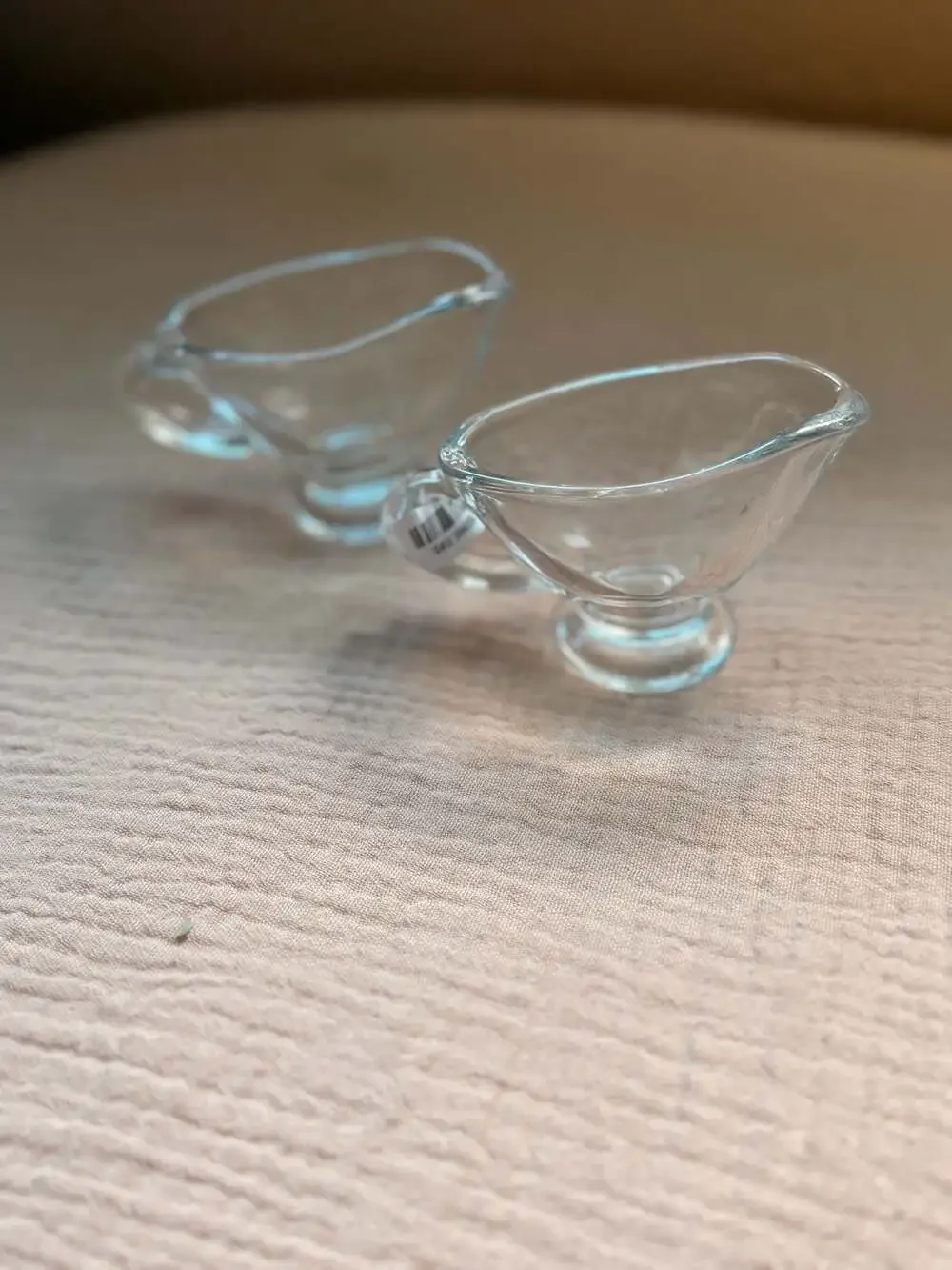 Set of 2 Clear Glass Mini Gravy Boats with Handles and Pedestal Base